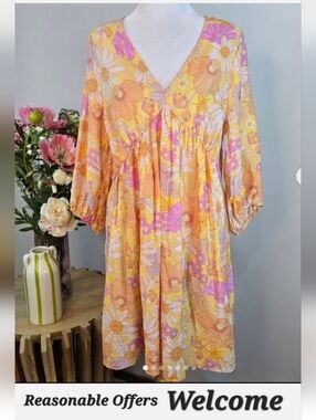 H&M Yellow & Pink Floral V-Neck Babydoll Dress. NWOT Size Medium